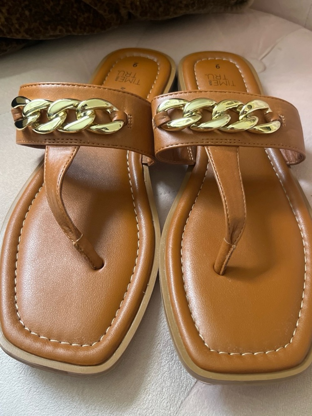 Time and Tru Tan Thong Sandals with Gold Chain Detail